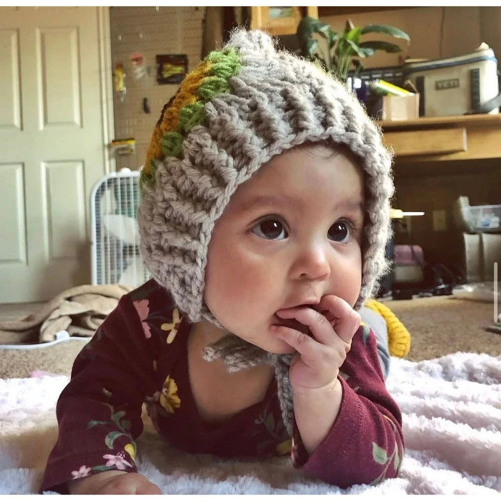 Handmade‎ Crochet Sunflower Pixie Bonnet Gray Yellow Floral Baby girl Hat(0-6m)